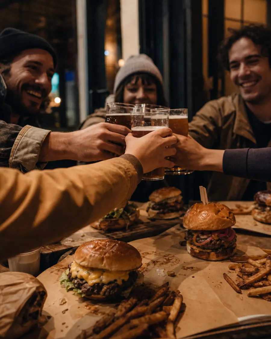 Un grupo de amigos brinda con cerveza sobre una mesa llena de hamburguesas